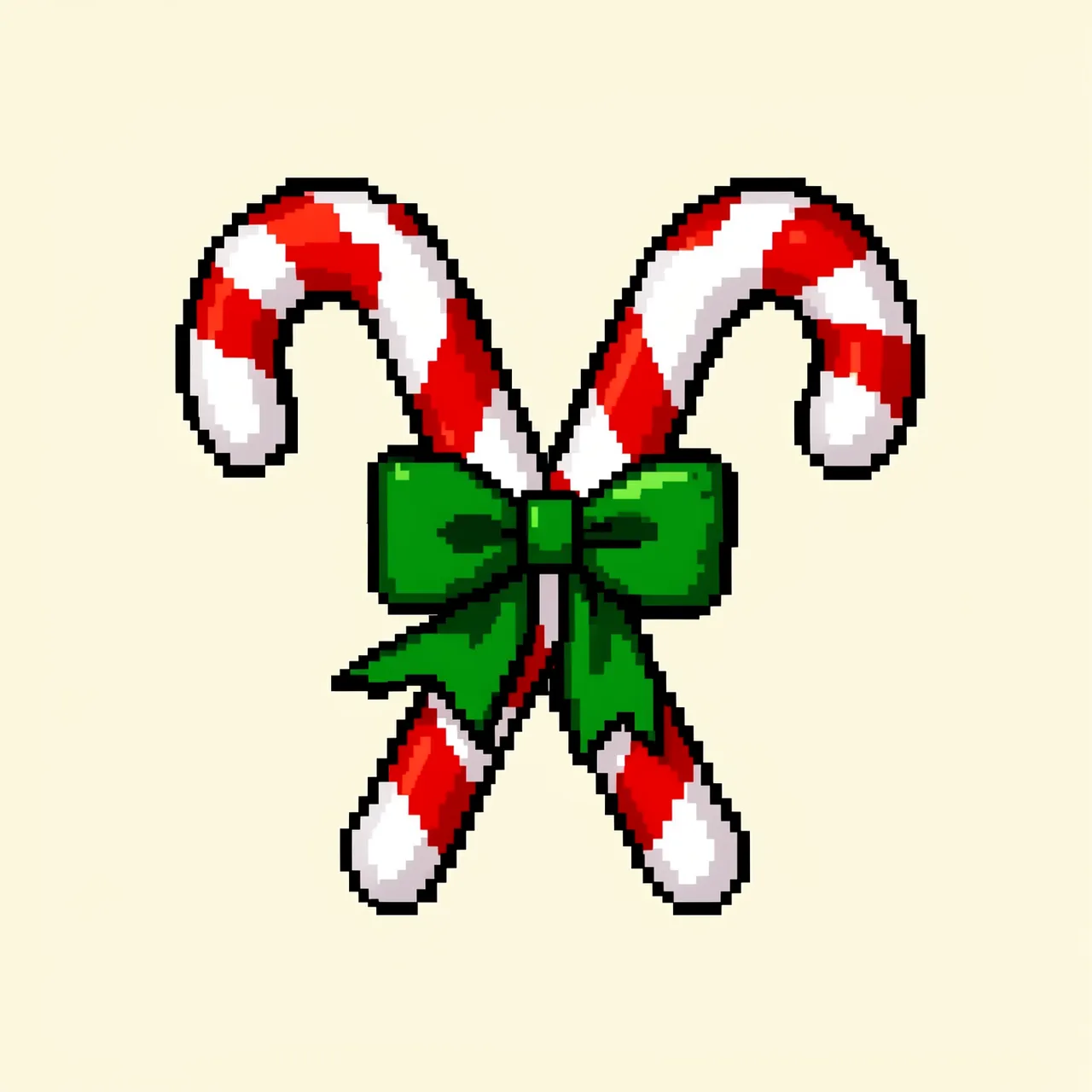 16-bit pixel art of two crossed red and white candy canes tied with a green bow on a cream background