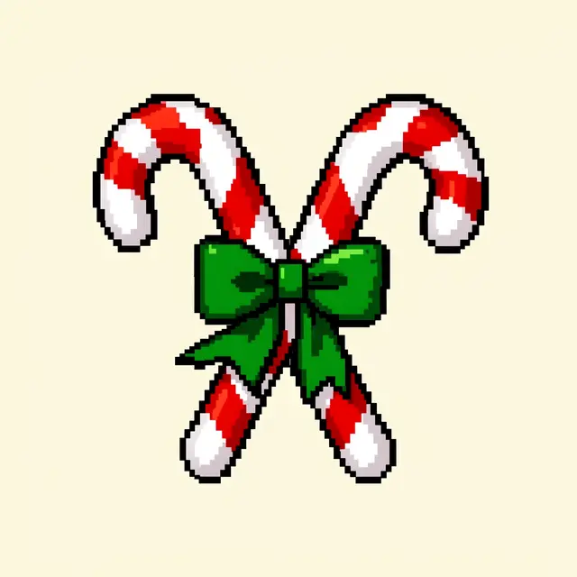 16-bit pixel art of two crossed red and white candy canes tied with a green bow on a cream background