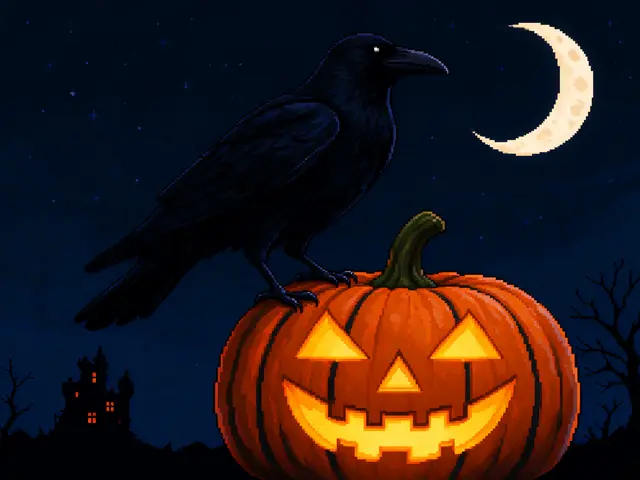 16-bit pixel art of a black crow perched on a carved jack-o'-lantern under a crescent moon night sky