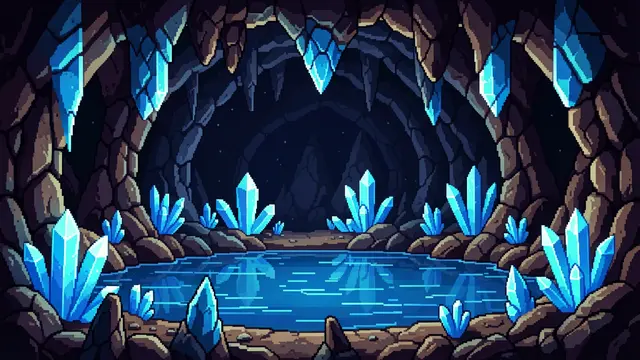 16-bit pixel art scene of an underground cave lined with glowing blue crystals surrounding a calm subterranean lake
