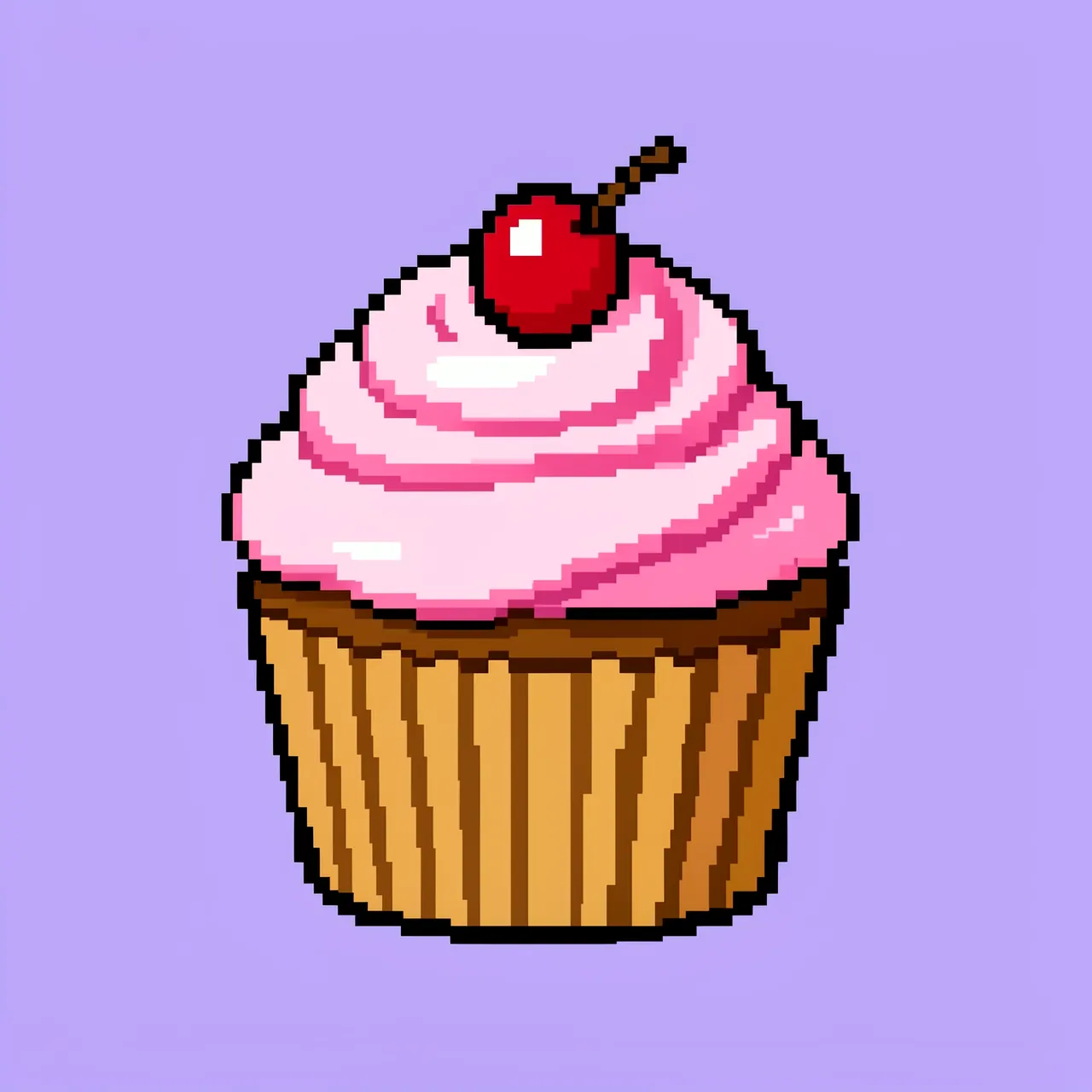 Retro 16-bit pixel art cupcake with pink frosting and cherry on a lavender background