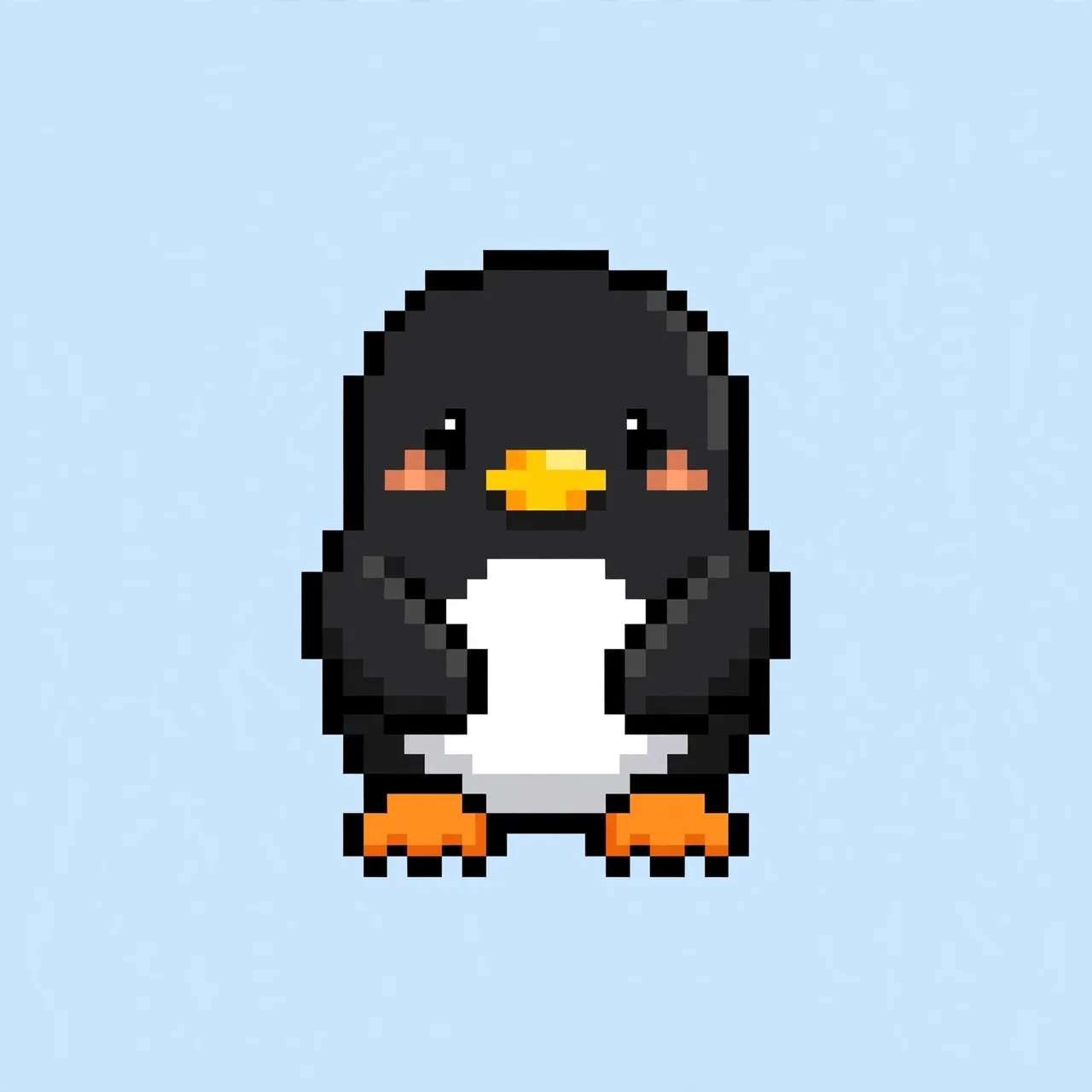 Retro 8-bit pixel art of a round cute penguin with a yellow beak on a pale blue background