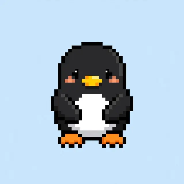 Retro 8-bit pixel art of a round cute penguin with a yellow beak on a pale blue background