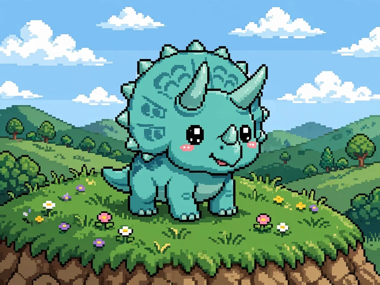 Chibi teal triceratops stands on a flowered grassy hill in retro 16-bit pixel art style