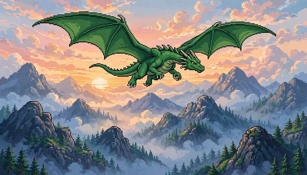 A green pixel art dragon flies with outstretched wings above misty mountain peaks at sunrise
