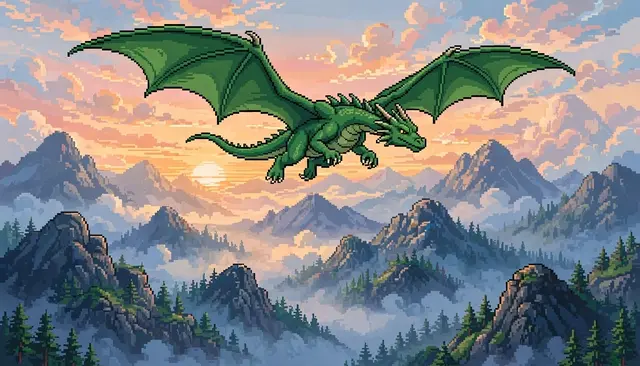 A green pixel art dragon flies with outstretched wings above misty mountain peaks at sunrise
