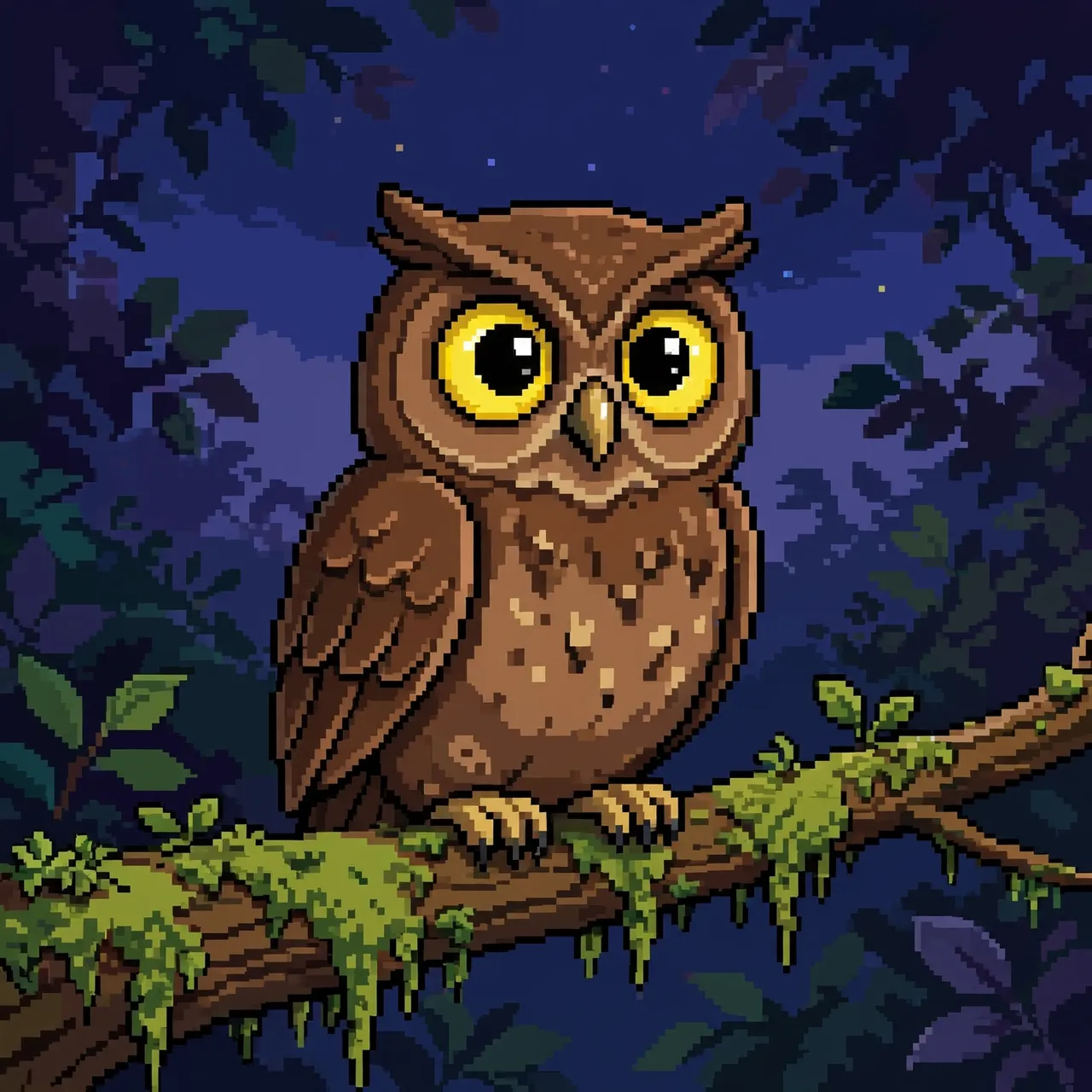 A brown owl with large yellow eyes perches on a mossy branch at twilight in retro 16-bit pixel art style
