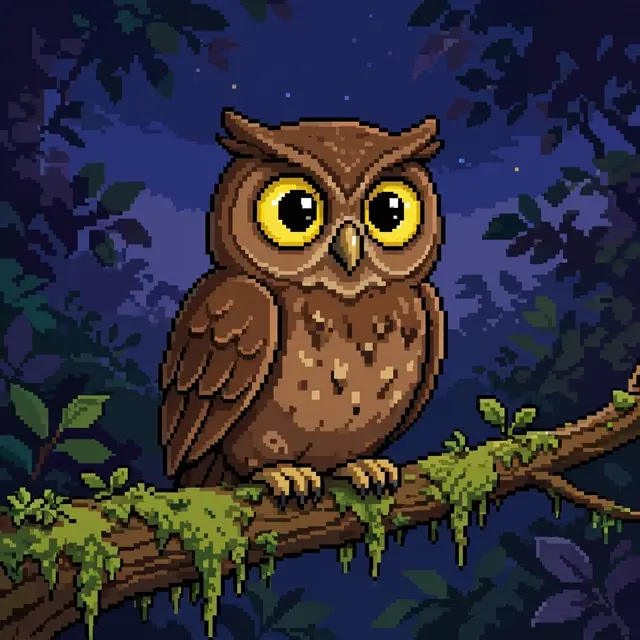 A brown owl with large yellow eyes perches on a mossy branch at twilight in retro 16-bit pixel art style