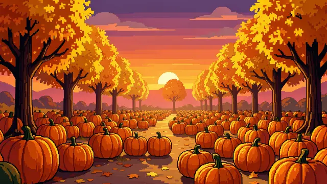 16-bit pixel art view of a pumpkin patch at sunset flanked by golden autumn trees