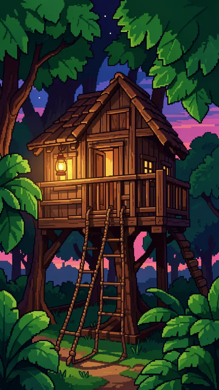 Retro 16-bit pixel art of a lit wooden treehouse with rope ladders at pink and purple dusk, surrounded by green foliage