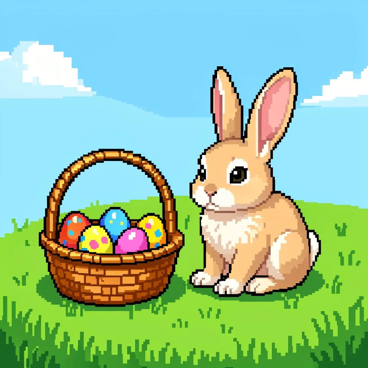 Retro 16-bit pixel art of an Easter rabbit next to a basket of decorated eggs on grass