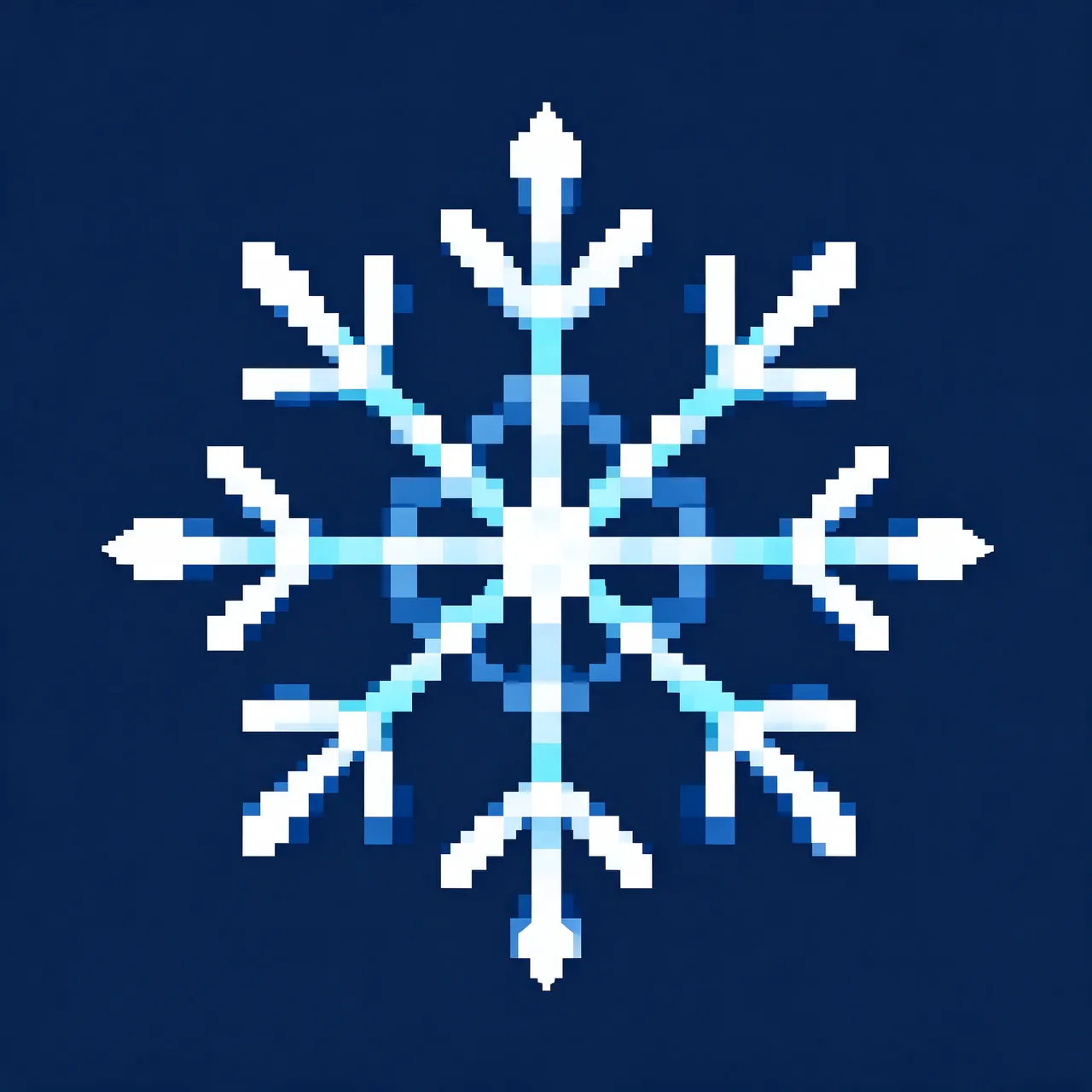 Retro 8-bit pixel art snowflake in icy blue and white centered on a plain navy background