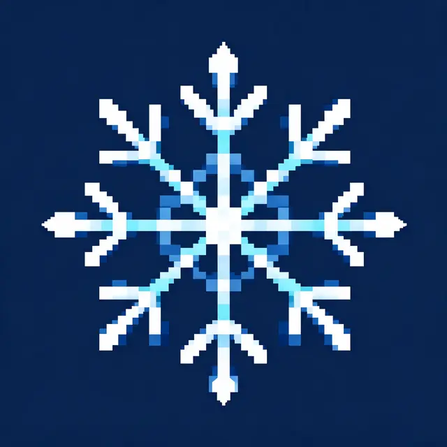 Retro 8-bit pixel art snowflake in icy blue and white centered on a plain navy background