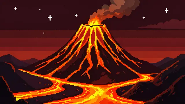A retro 16-bit pixel art erupting volcano glows with lava rivers under a dark red starry night sky.