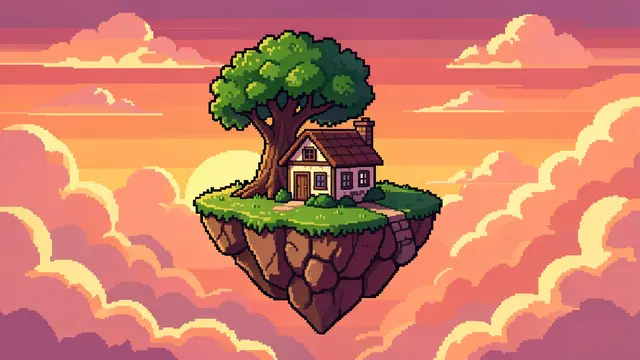 A pixel art floating island with a small cottage and oak tree drifts through sunset clouds.