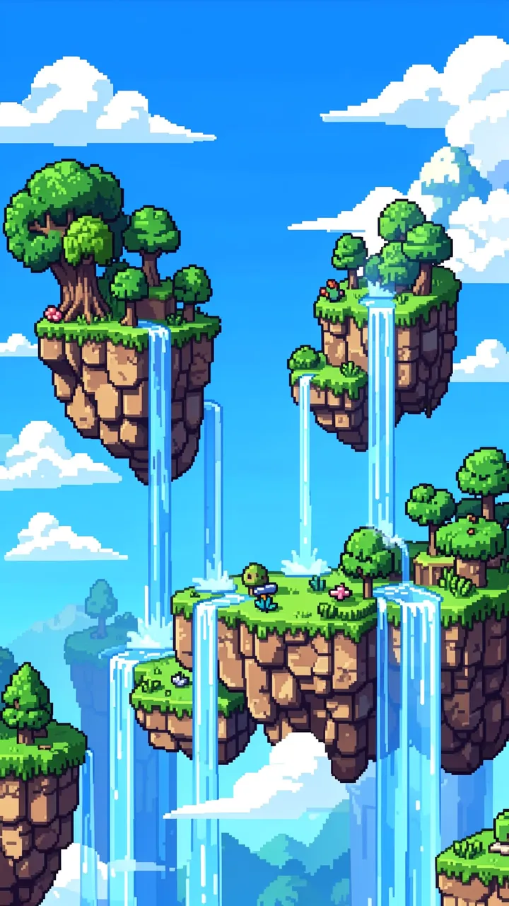 16-bit pixel art of floating islands with waterfalls suspended in a bright blue cloudy sky