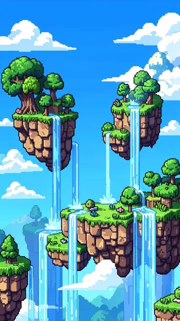 16-bit pixel art of floating islands with waterfalls suspended in a bright blue cloudy sky