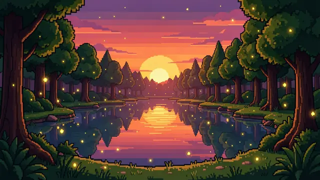 16-bit pixel art landscape of a calm forest lake at sunset dotted with glowing fireflies