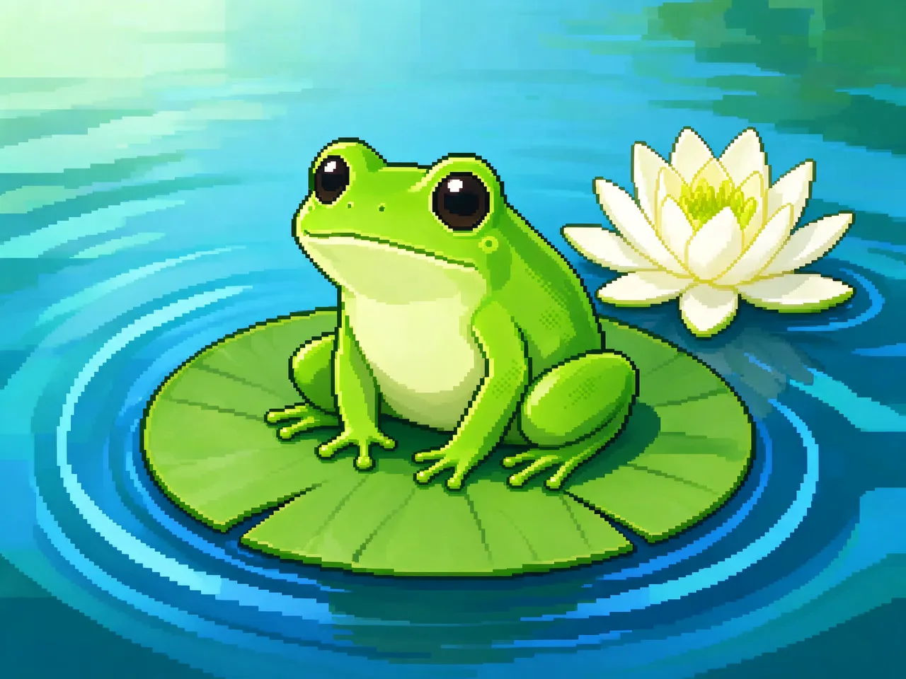 A cute green pixel art frog sits on a lily pad beside a blooming white water lily in rippling blue pond water