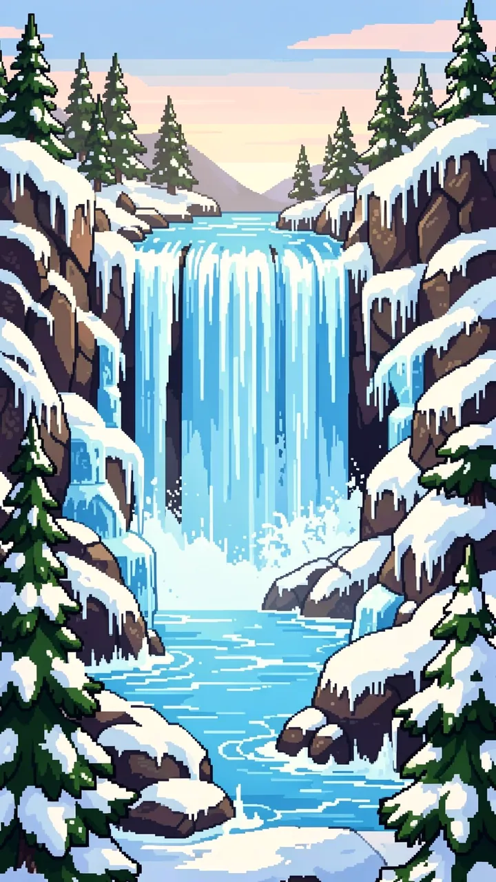 16-bit pixel art of a partially frozen waterfall cascading between snow-covered pines and rocks under a pastel winter sky