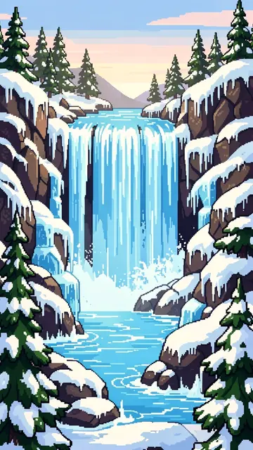 16-bit pixel art of a partially frozen waterfall cascading between snow-covered pines and rocks under a pastel winter sky