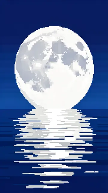 16-bit pixel art full moon rising above calm dark ocean with a glinting silver vertical reflection