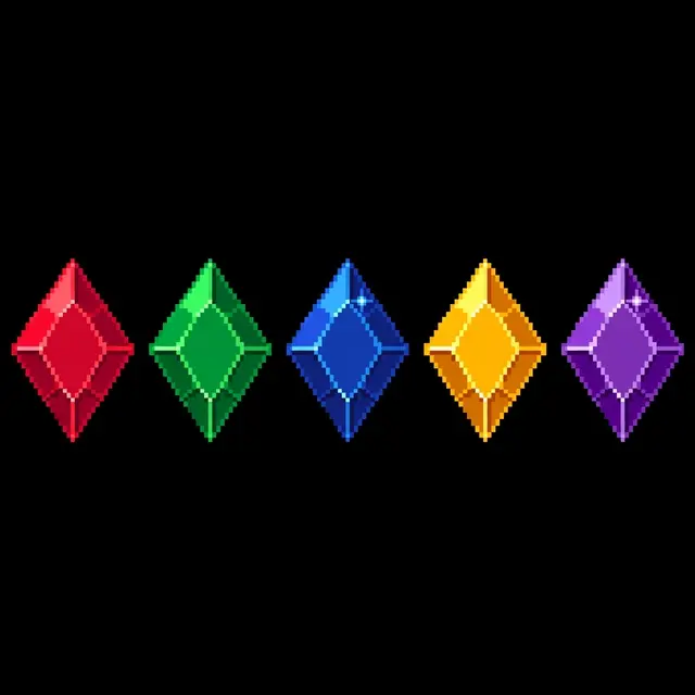 Five retro 16-bit pixel art gem sprites arranged in a horizontal row on a solid black background