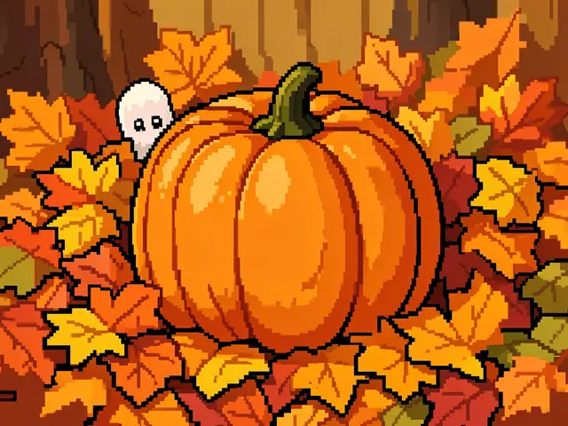 A tiny friendly ghost peeks out from behind a large pumpkin resting in autumn fall leaves in 16-bit pixel art style