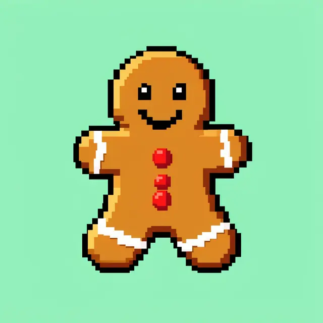 8-bit pixel art of a smiling gingerbread man with white icing and red buttons on a mint green background