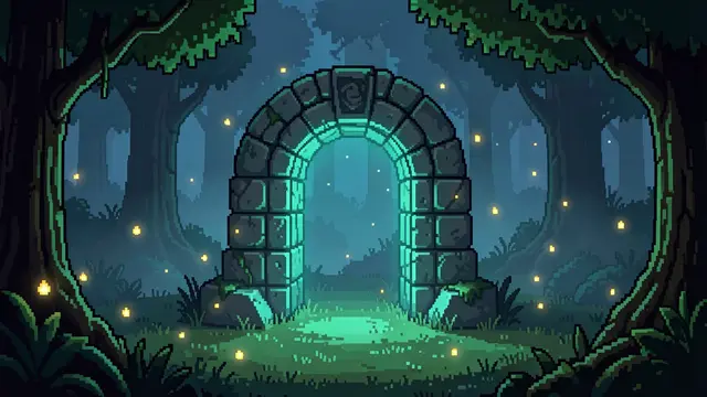 16-bit pixel art of a teal glowing stone arch in a misty night forest clearing with floating fireflies