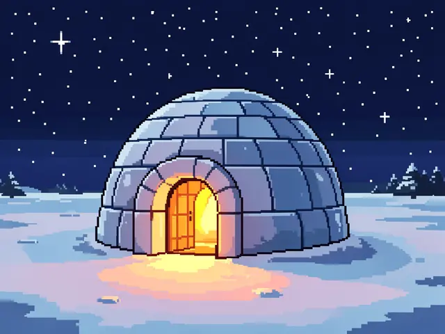 16-bit pixel art of a warm glowing igloo on a snowy plain under a starry winter night sky
