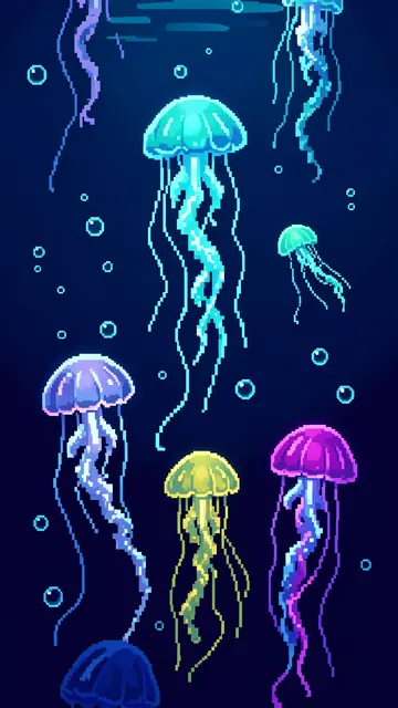 Retro 16-bit pixel art of multicolored glowing jellyfish rising through dark blue water with floating bubbles
