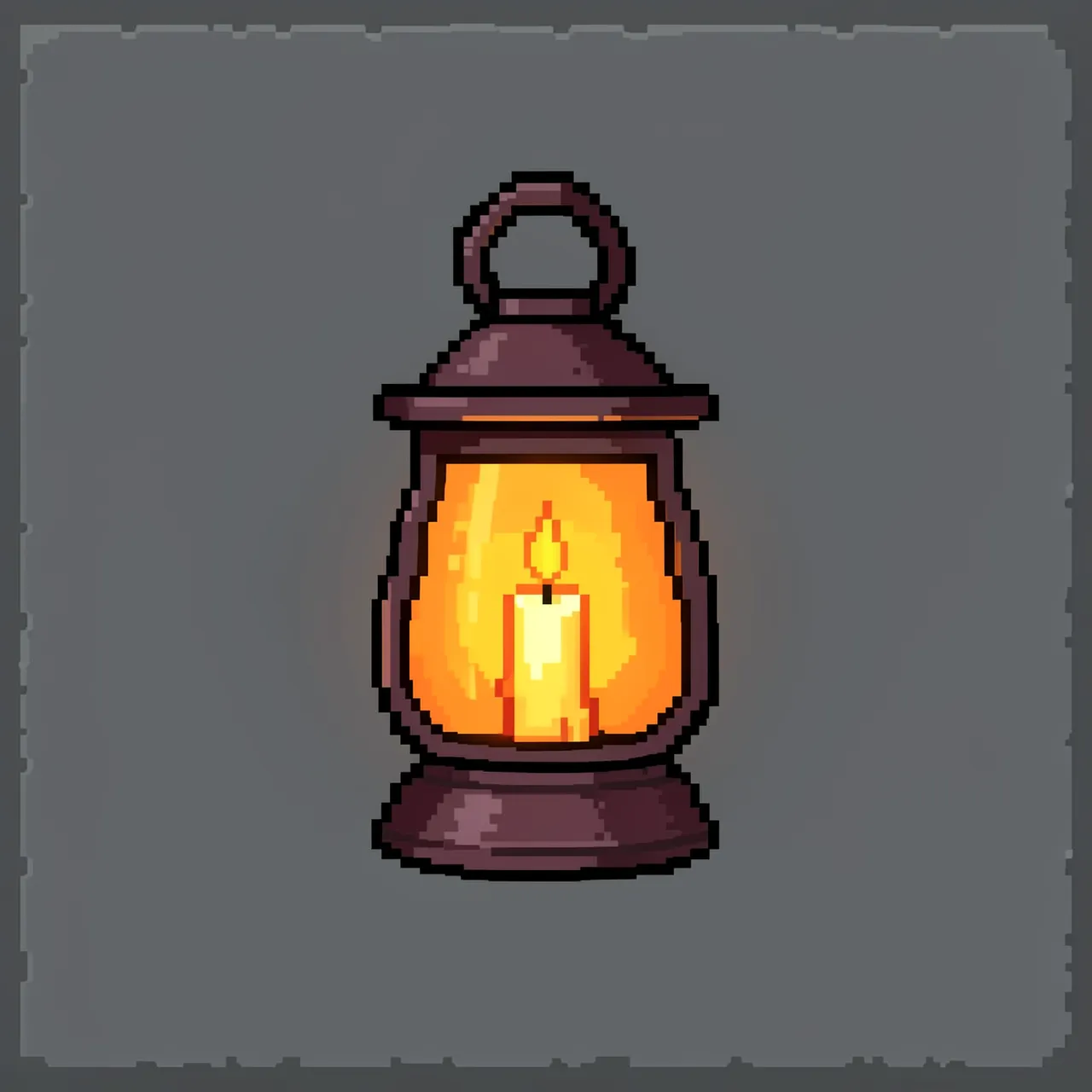 16-bit pixel art of an iron lantern with a lit candle on a plain gray slate background