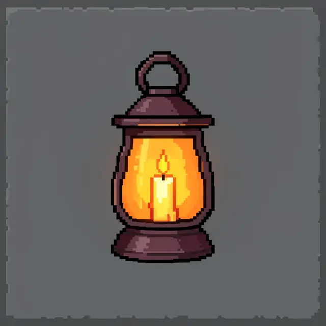 16-bit pixel art of an iron lantern with a lit candle on a plain gray slate background