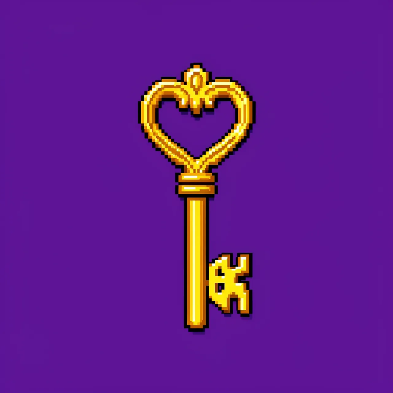 Retro 16-bit pixel art of an ornate golden key with a heart handle on a solid deep purple background
