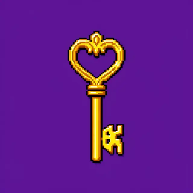 Retro 16-bit pixel art of an ornate golden key with a heart handle on a solid deep purple background