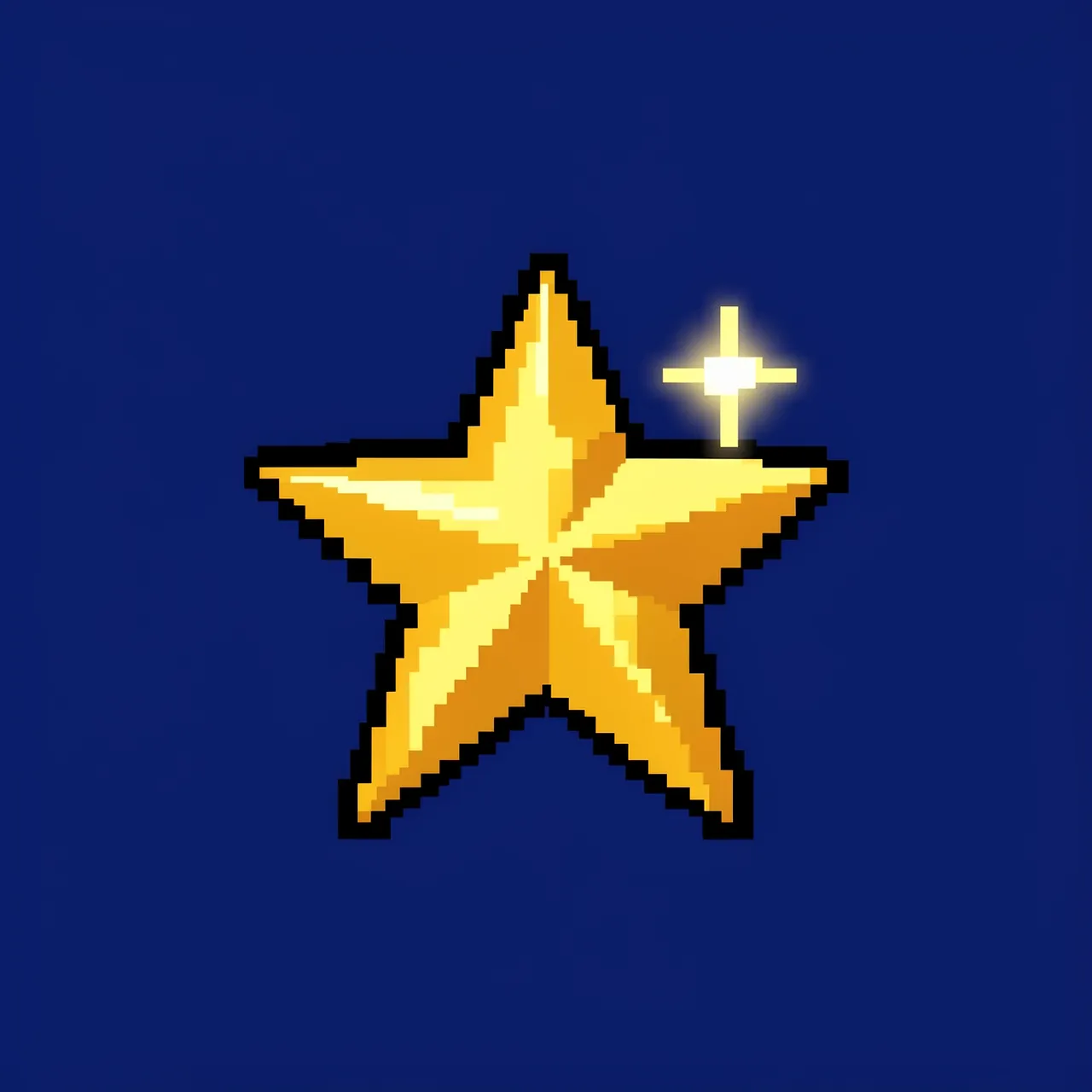 8-bit pixel art golden five-pointed star with a sparkle on a solid midnight blue background