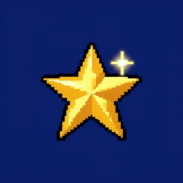 8-bit pixel art golden five-pointed star with a sparkle on a solid midnight blue background