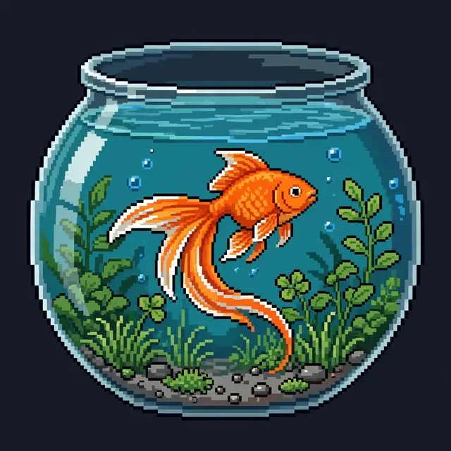 Retro 16-bit pixel art of an orange goldfish swimming in a round glass fishbowl with aquatic plants.