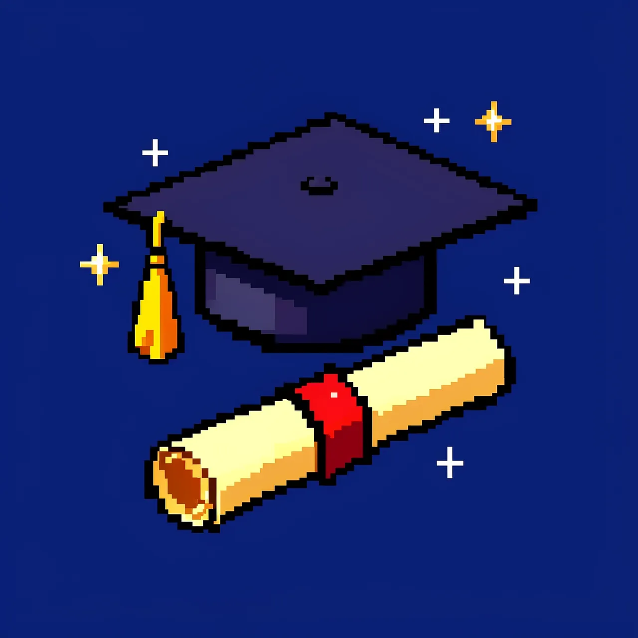 16-bit pixel art graduation cap and diploma with sparkles on a dark blue background