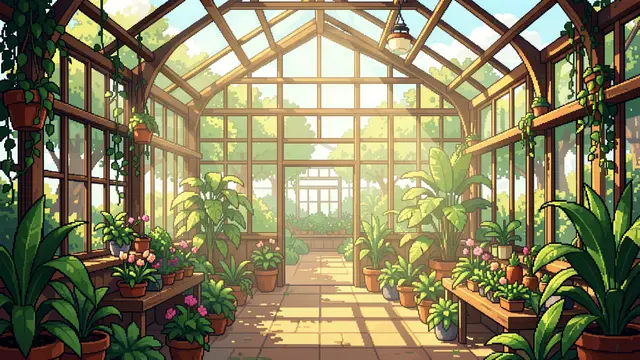 Sunlit retro pixel art greenhouse interior filled with potted plants and hanging vines