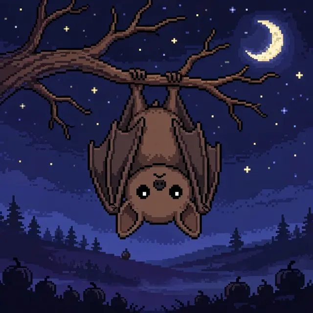 Cute brown bat hangs upside down from a bare branch under a starry crescent moon night sky in 16-bit pixel art style.