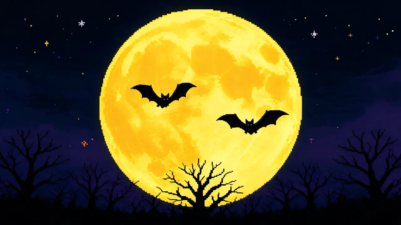 Two pixel art bats fly in front of a large yellow full moon above bare treetops on a starry Halloween night