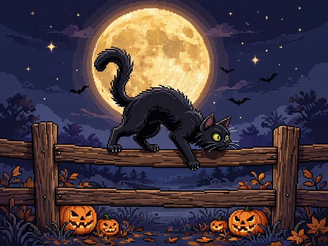 A pixel art black cat arches its back on a wooden fence beneath a full yellow Halloween moon, with jack-o'-lanterns at the