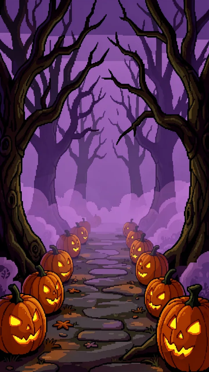 Retro 16-bit pixel art of a stone forest path lined with glowing jack-o'-lanterns under purple fog between twisted bare trees