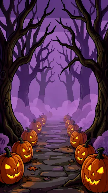 Retro 16-bit pixel art of a stone forest path lined with glowing jack-o'-lanterns under purple fog between twisted bare trees