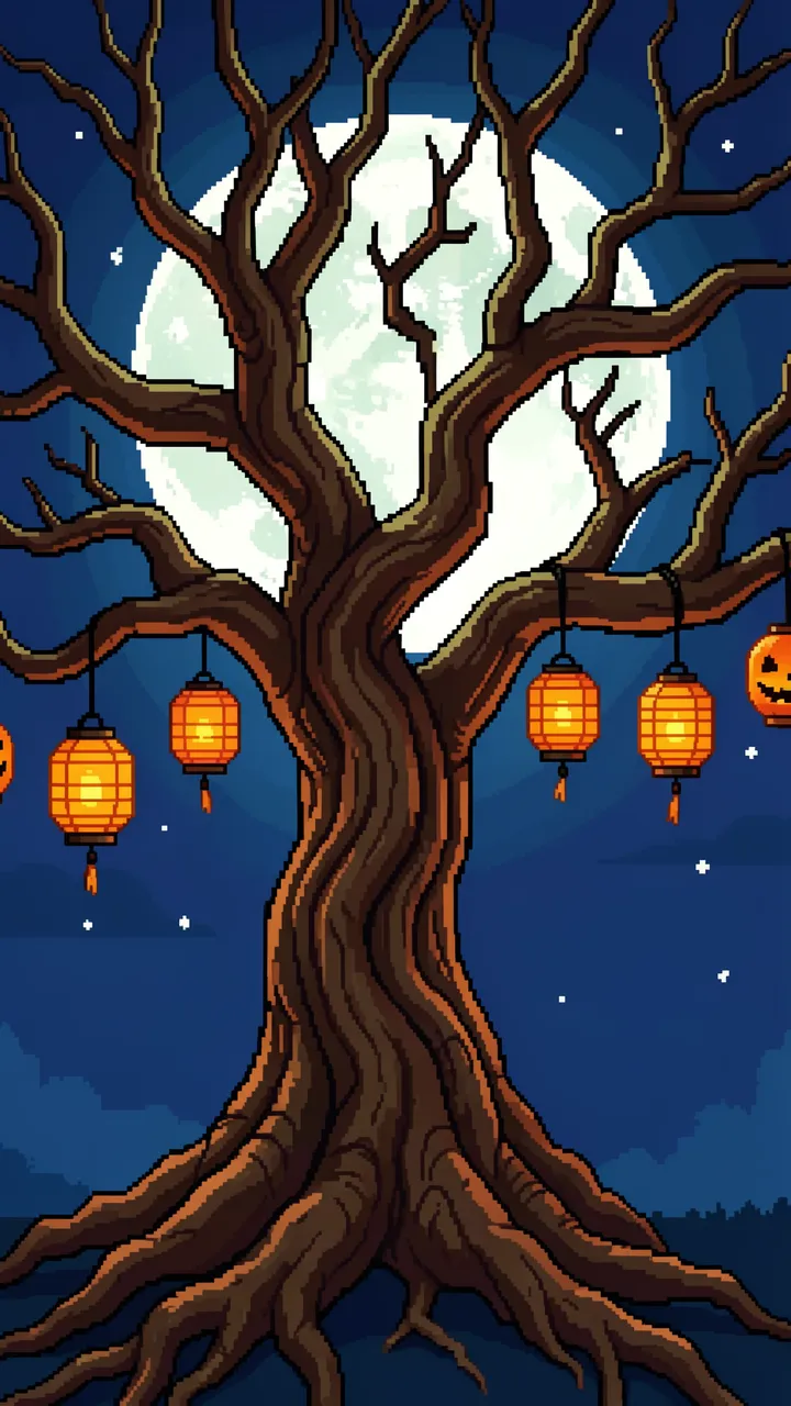 Twisted gnarled old oak hung with glowing lanterns stands in front of a full moon on a starry Halloween night.