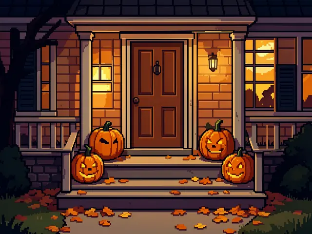 16-bit pixel art of a lit house front porch at night with carved jack-o-lanterns and scattered fall leaves on the steps