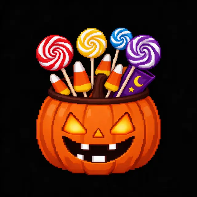 Retro 16-bit pixel art jack-o'-lantern bucket filled with lollipops and candy corn on a black background