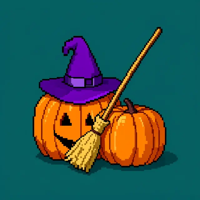 16-bit pixel art of carved jack-o'-lantern, purple witch hat, and straw broom on dark teal background